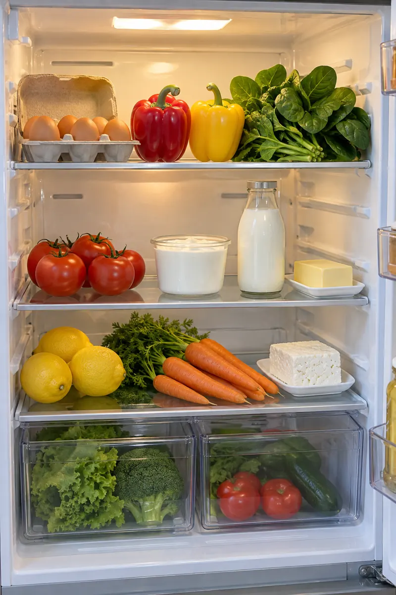An open fridge with vegetables and eggs