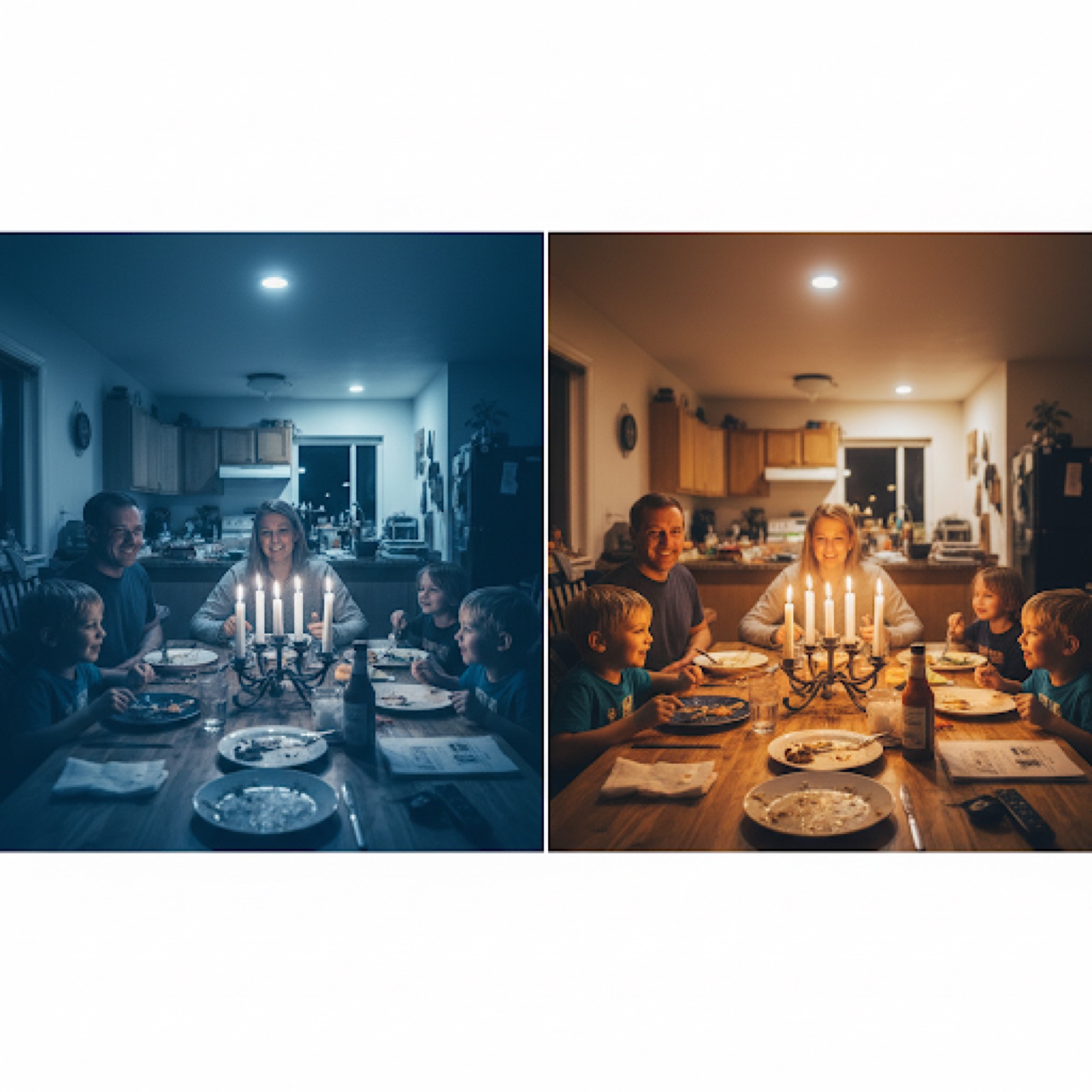 Before and after dinner photo comparison with warmer light and calmer clutter