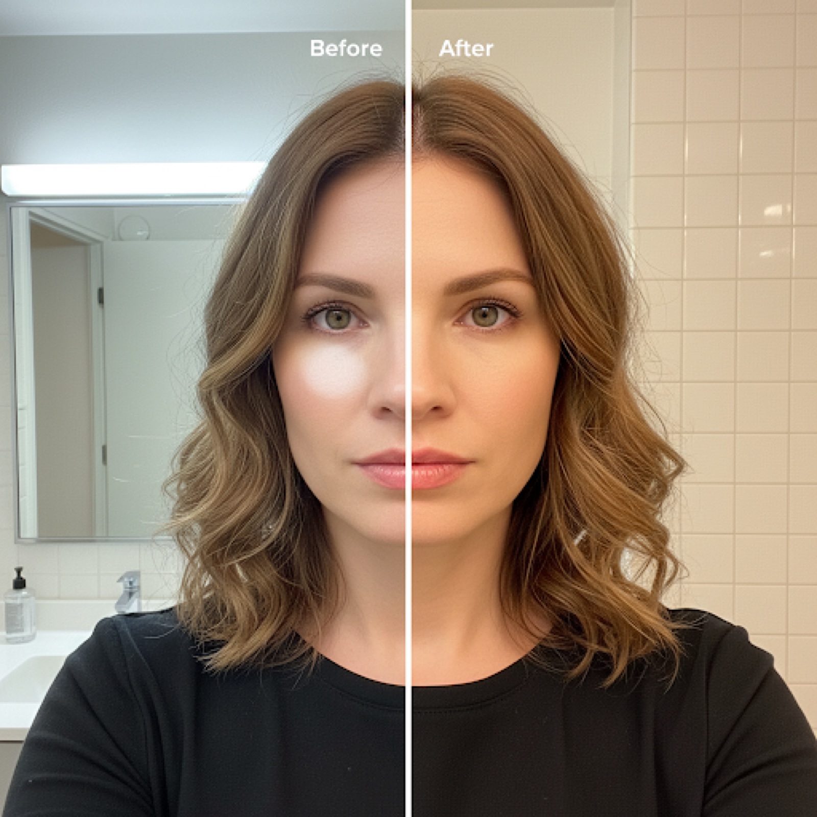 Before and after portrait comparison with warmer tones and the same expression