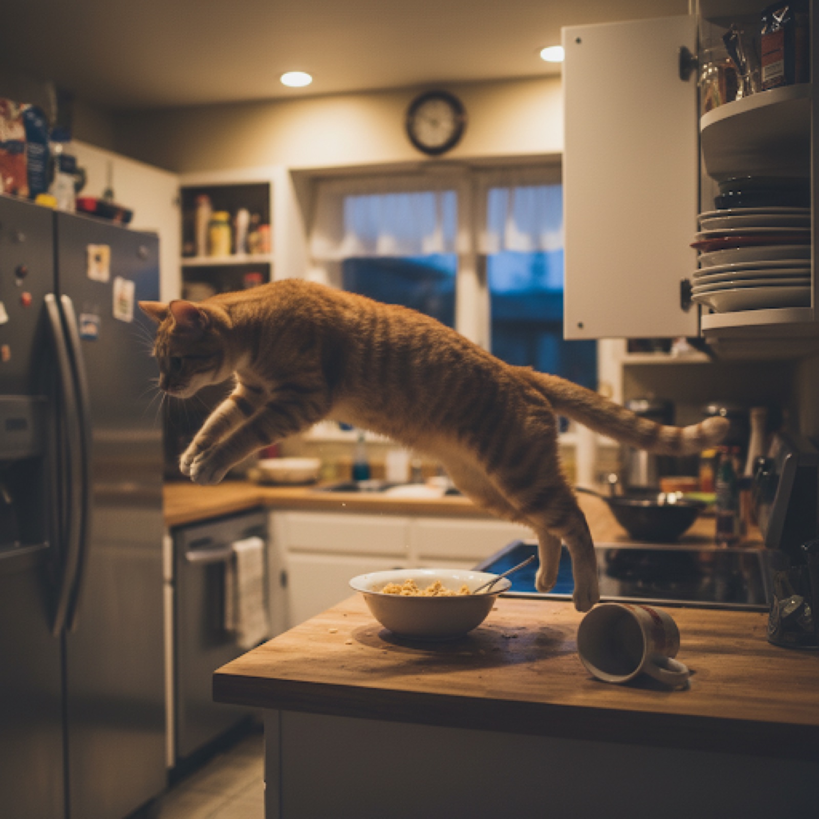Cat jumping through a kitchen in a fast home moment