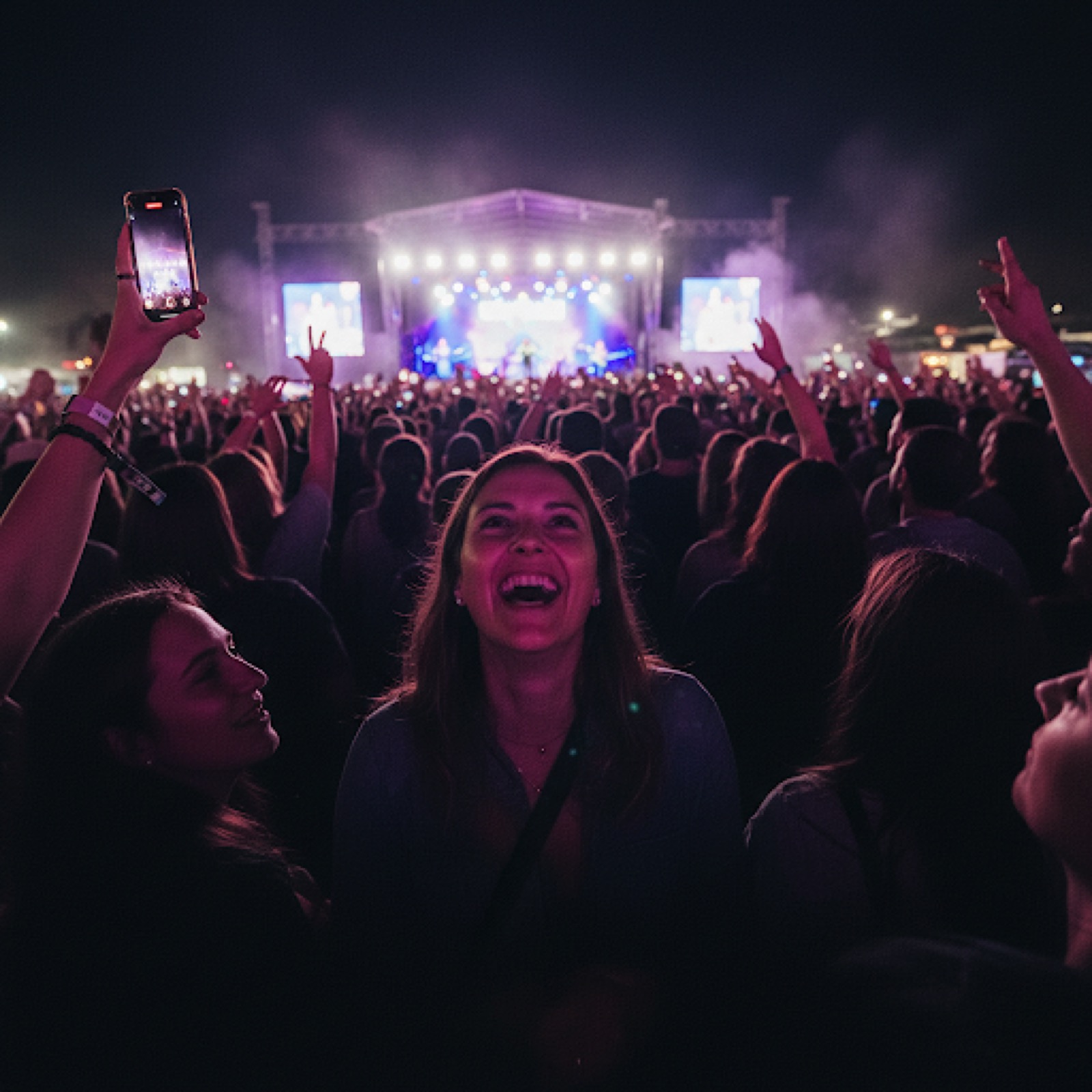 Concert crowd phone photo with stage lights
