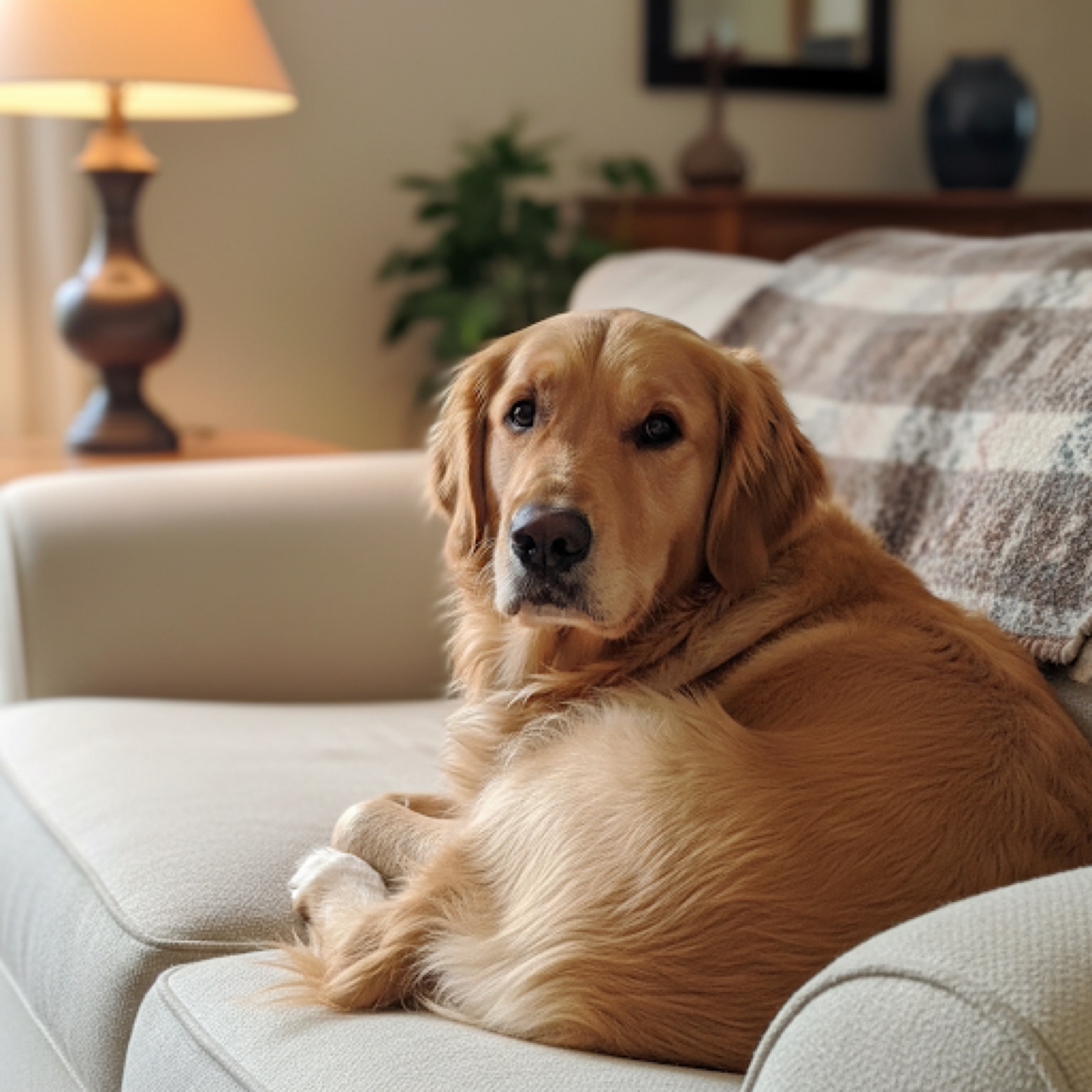 Dog resting on a couch in soft home light