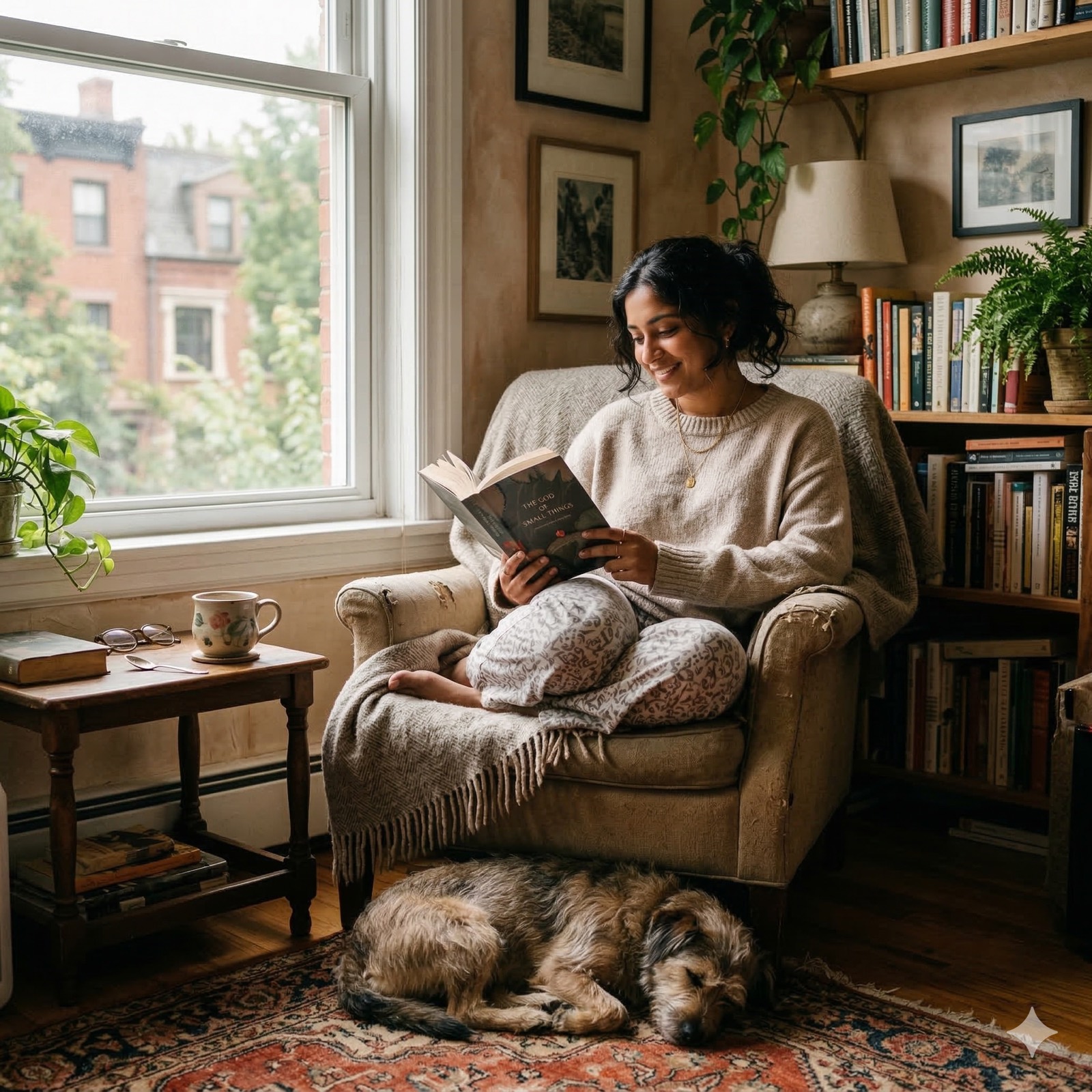 Quiet reading scene with soft window light