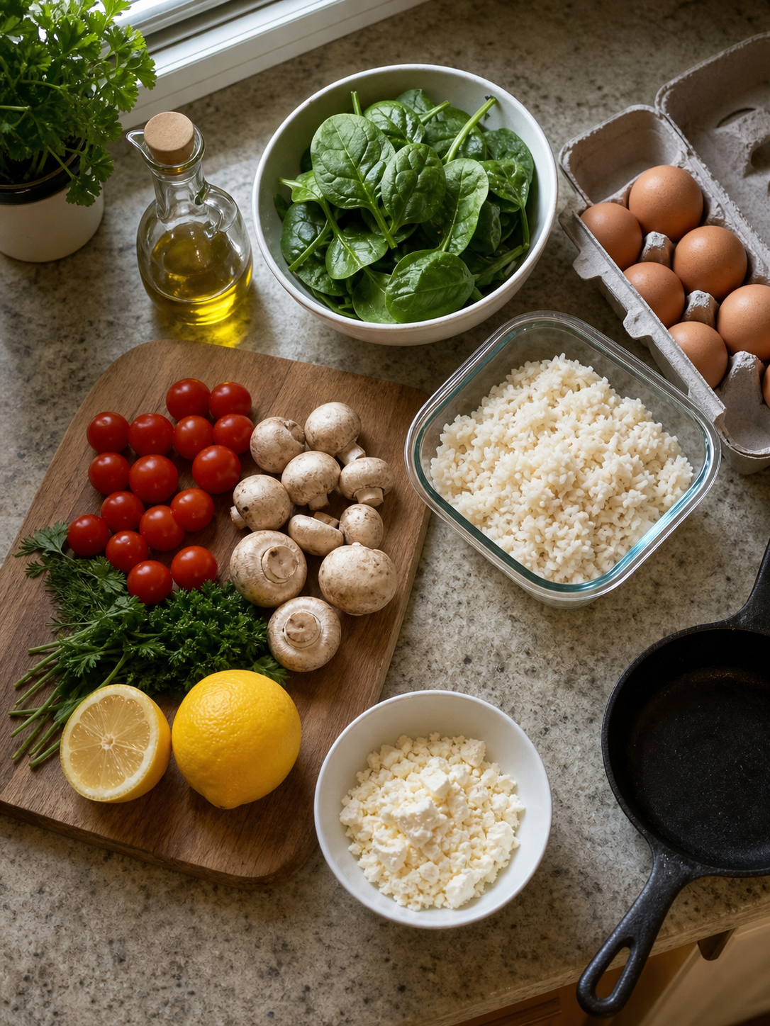 Counter with visible eggs, spinach, tomatoes, mushrooms, rice, feta, herbs, and oil