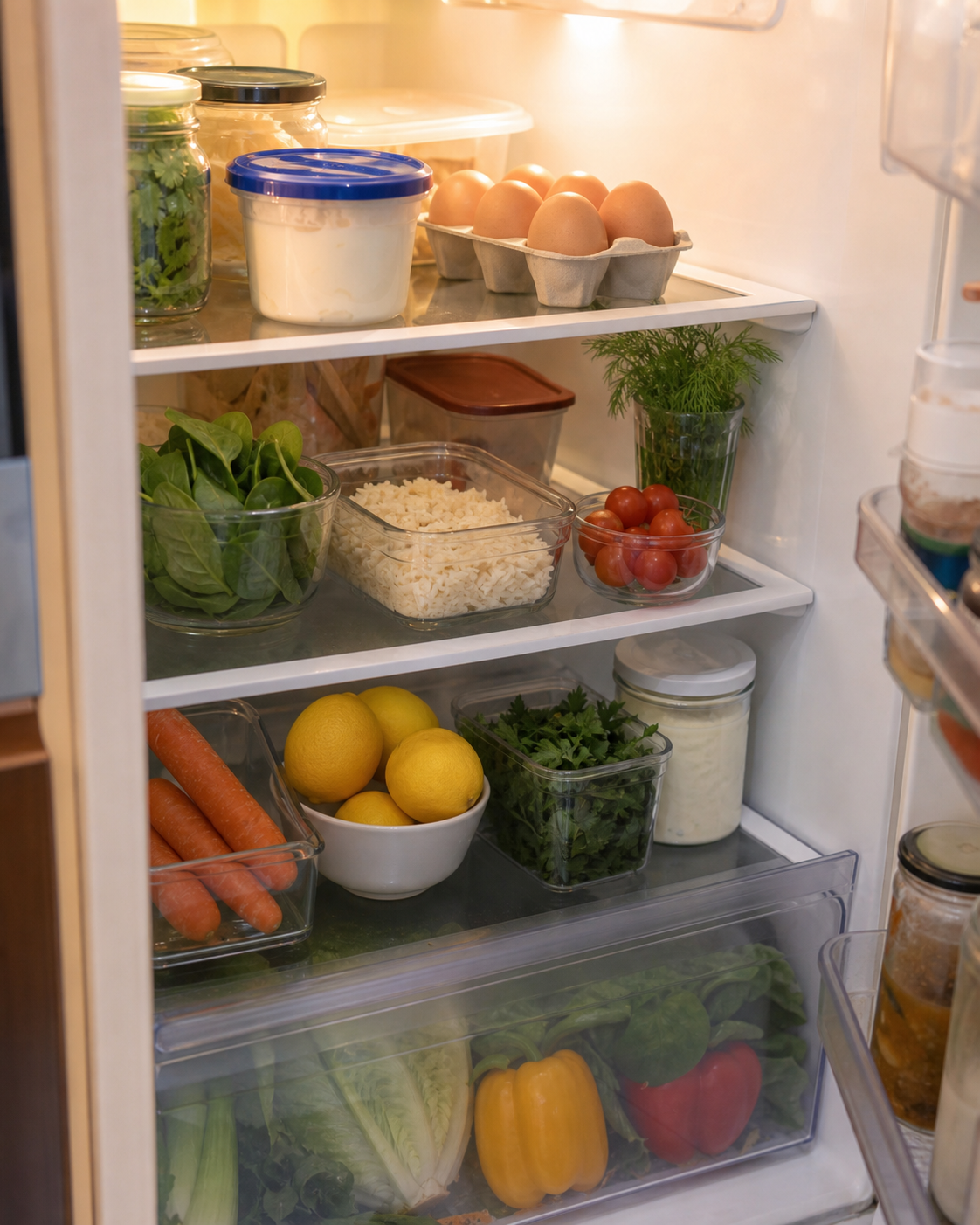 SelfMosaic refrigerator photo with visible eggs, spinach, rice, tomatoes, carrots, lemons, and herbs