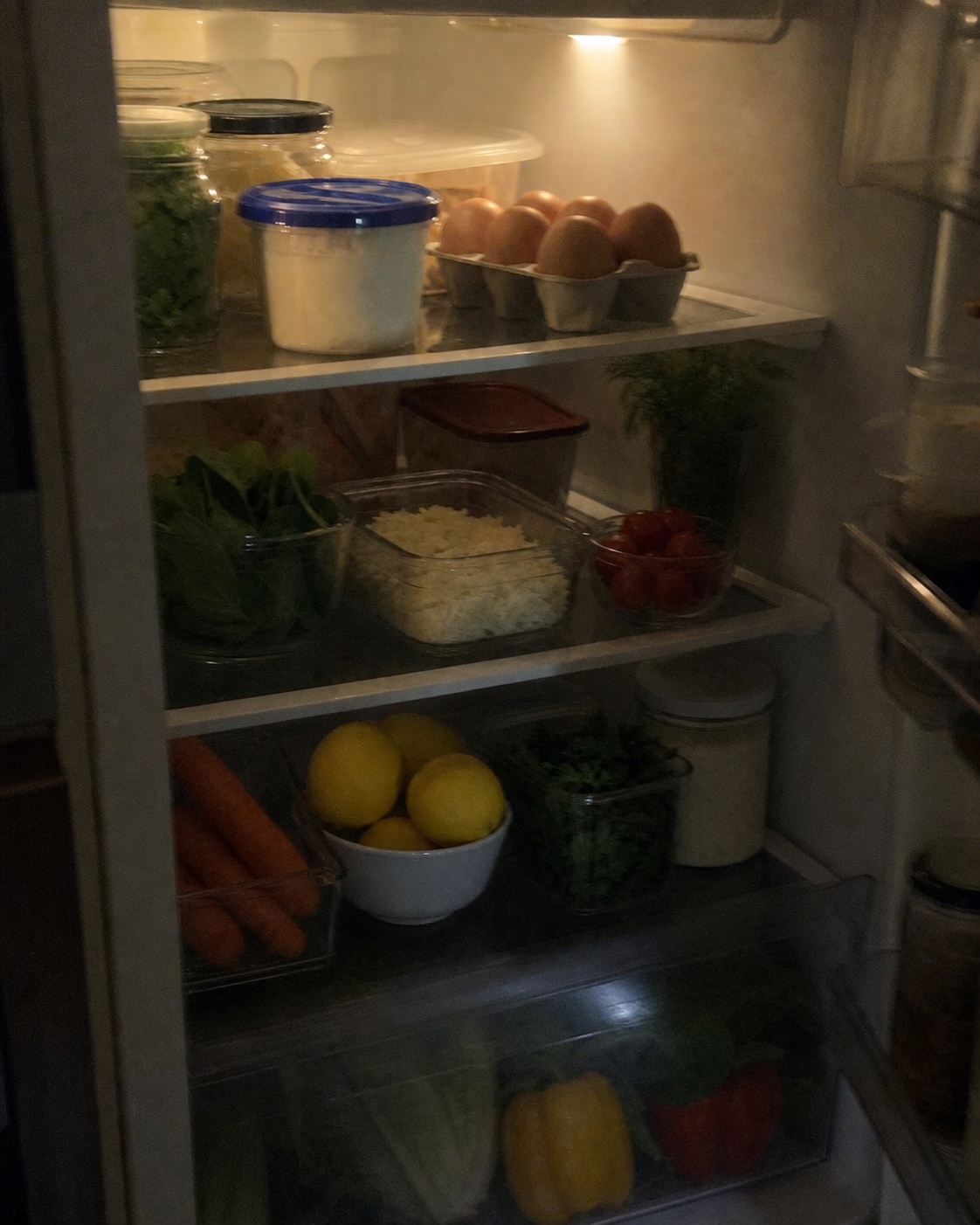 Low-light refrigerator shelf with a small set of visible ingredients