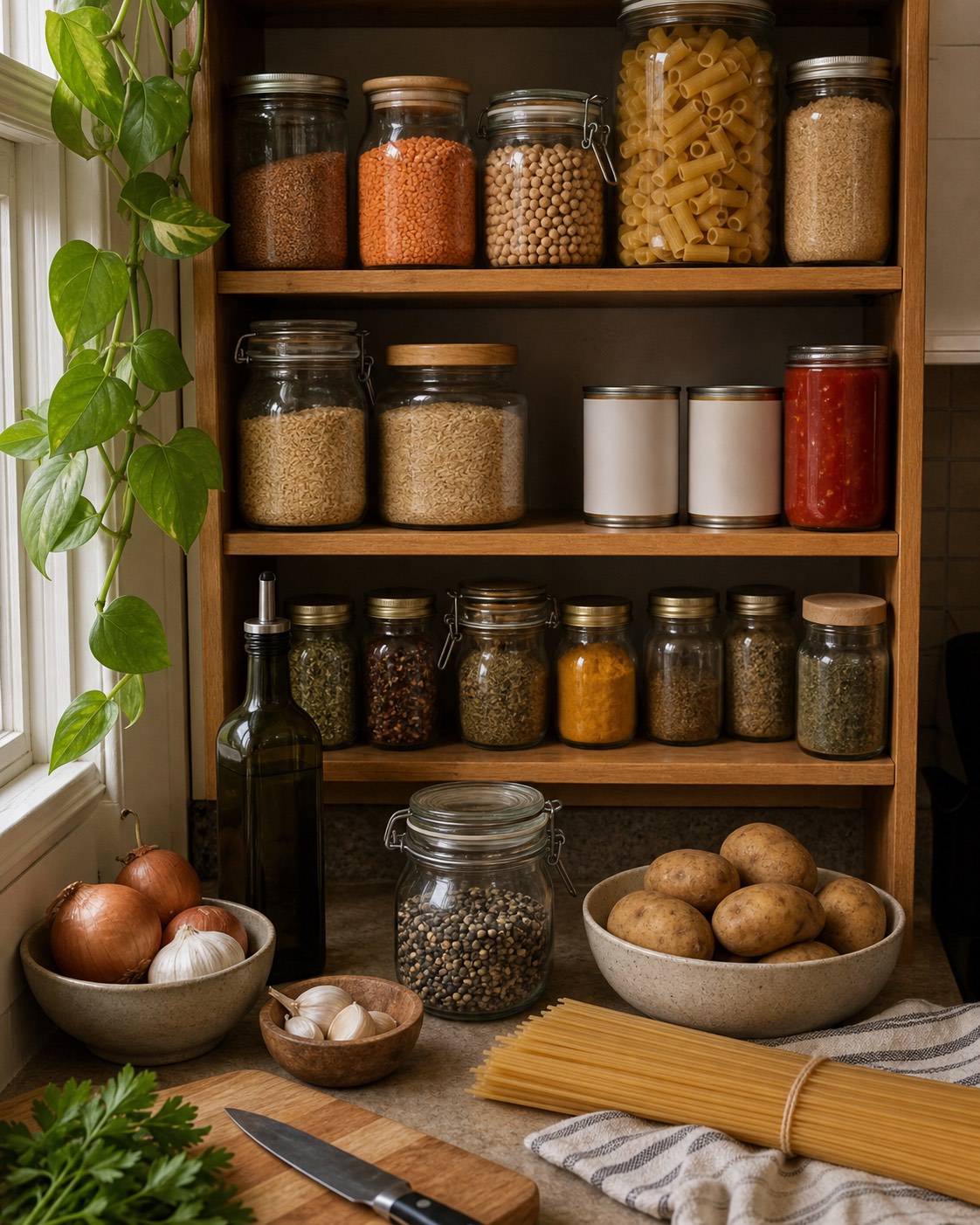 Sample pantry shelf with pasta, rice, legumes, tomato sauce, onions, garlic, potatoes, oil, and jars of seasonings