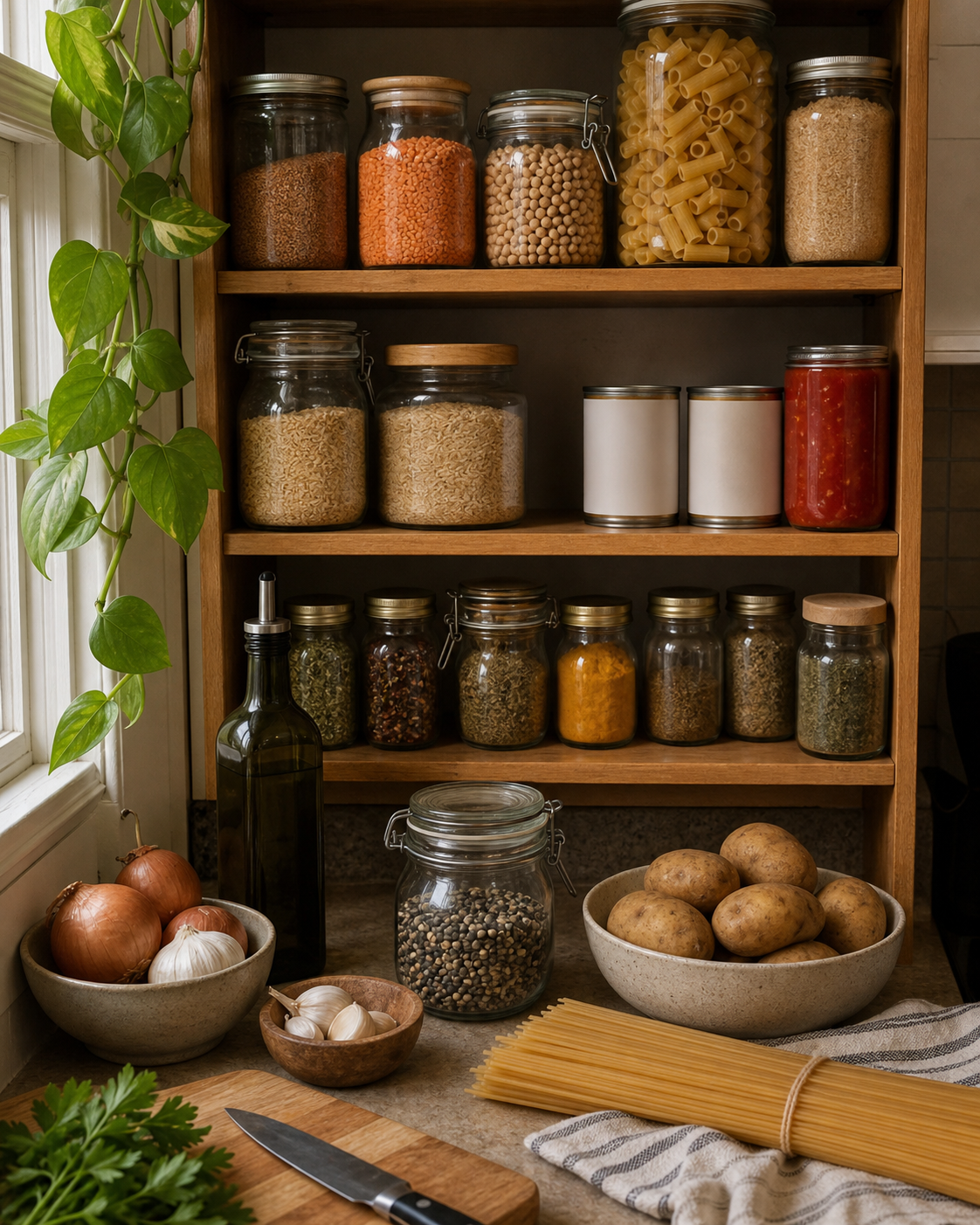SelfMosaic pantry shelf with pasta, grains, legumes, tomatoes, herbs, onions, garlic, and potatoes