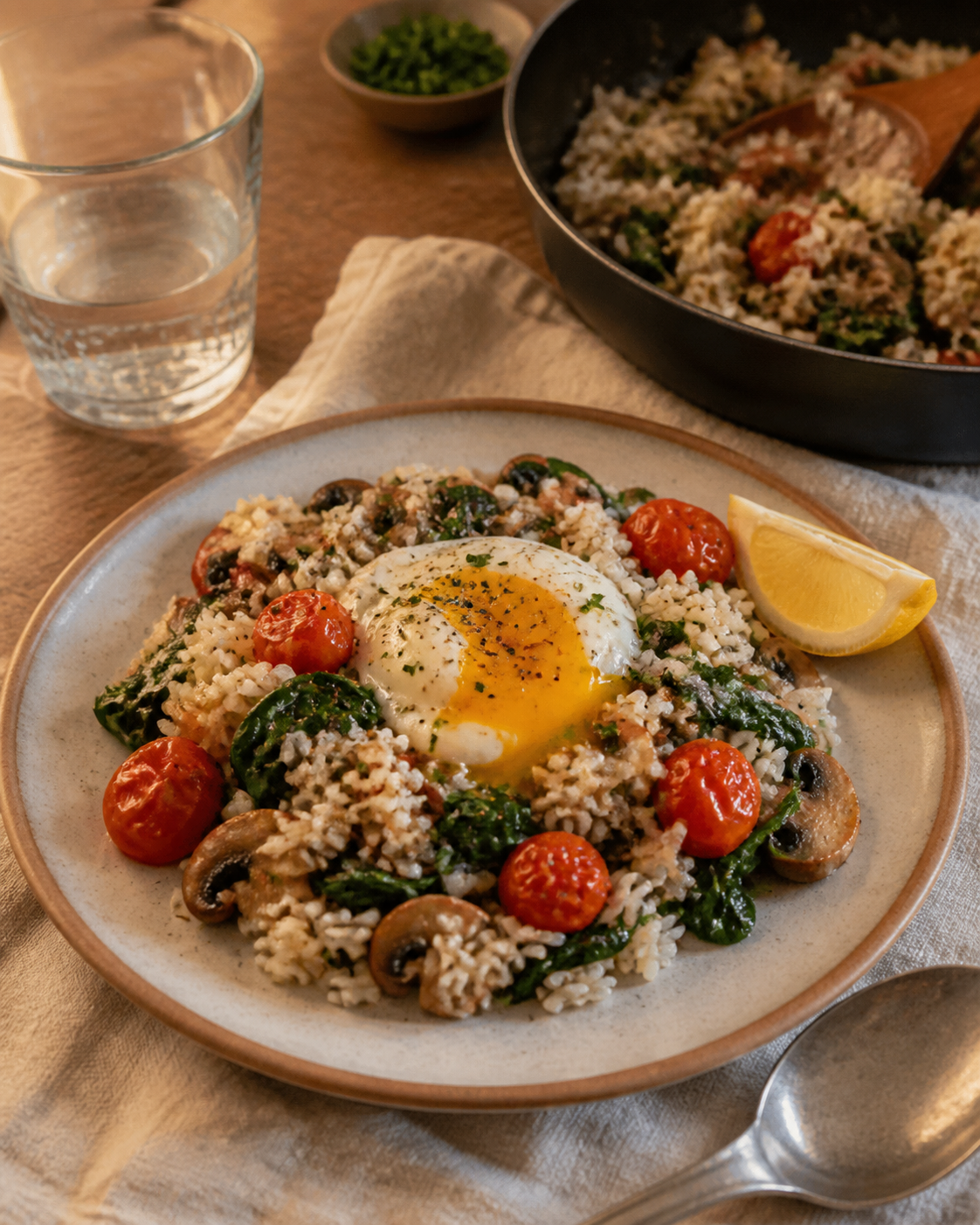 Spinach, tomato, mushroom, egg, and rice meal plate at a kitchen table