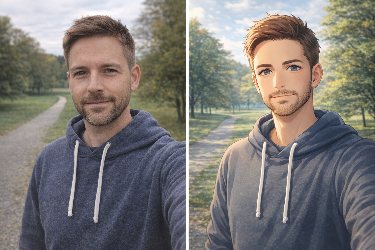 Concept creative restyle turning a real portrait into an illustrated avatar