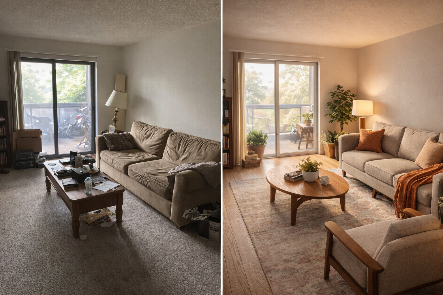 Concept interior redesign using a room photo as reference beside a new room result